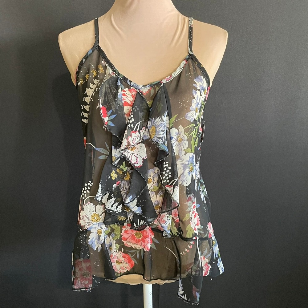 Lily White Camisole Women Medium Black Multi Good Sheer Mesh Ruffle Floral Y2K